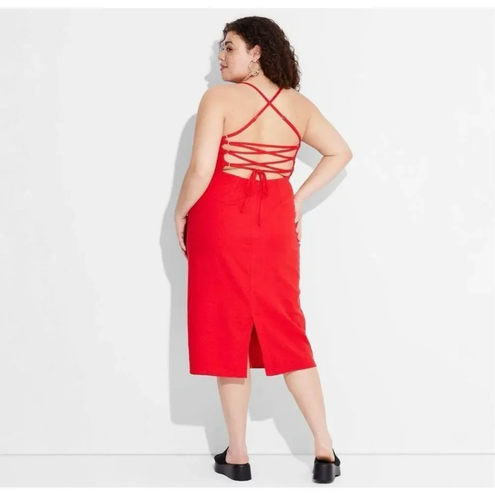 ✨Wild Fable Women's Linen Lace Tie Back Red Summer Midi Slip Sz 14 Dress✨ - Picture 2 of 9